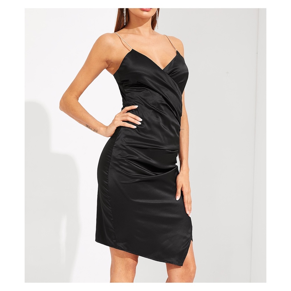 Black Bodycon Surplice Wrap Satin Formal Dress - Picture 4 of 6
